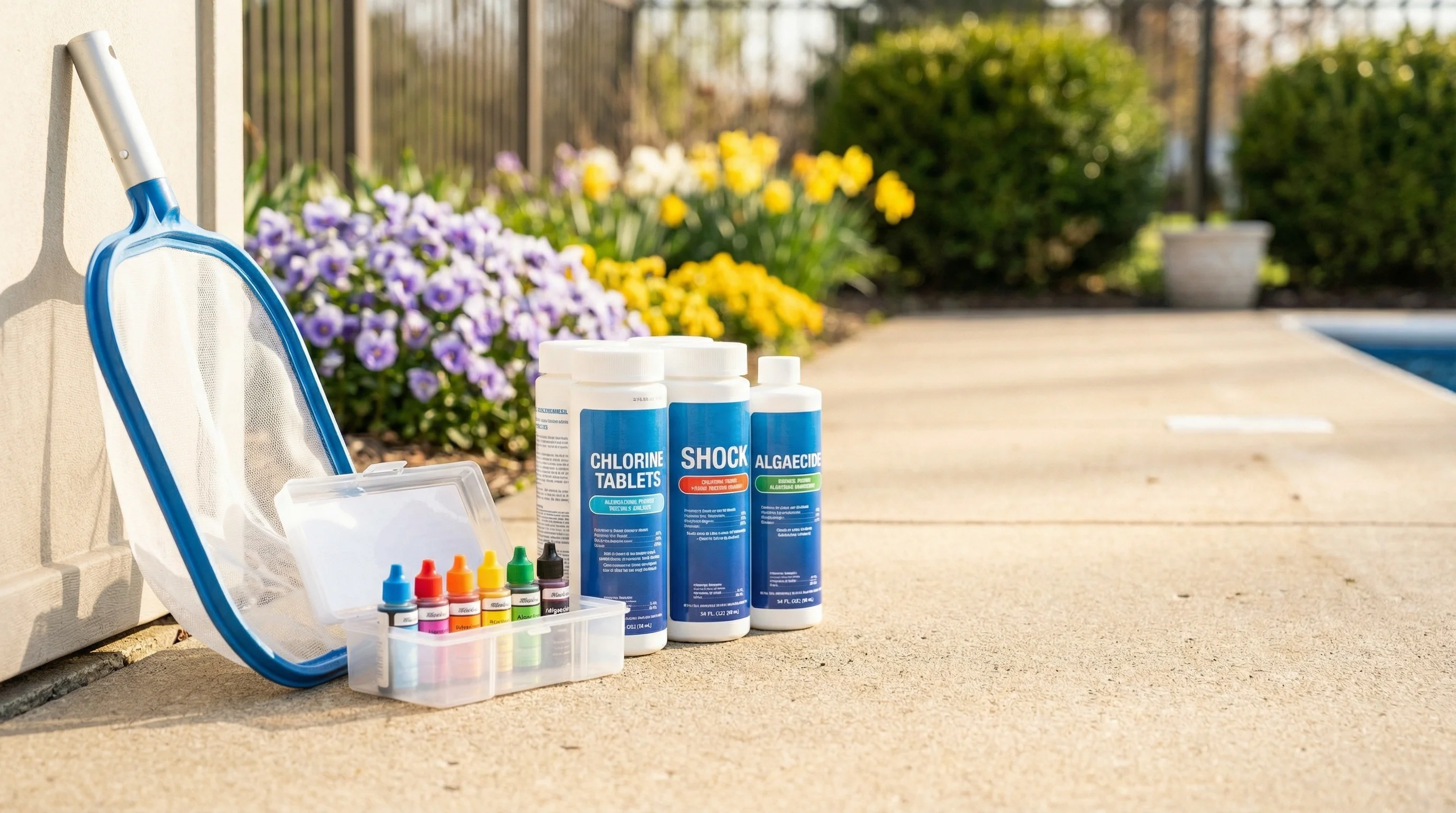 Pool maintenance supplies and water testing kit on a pool deck in spring