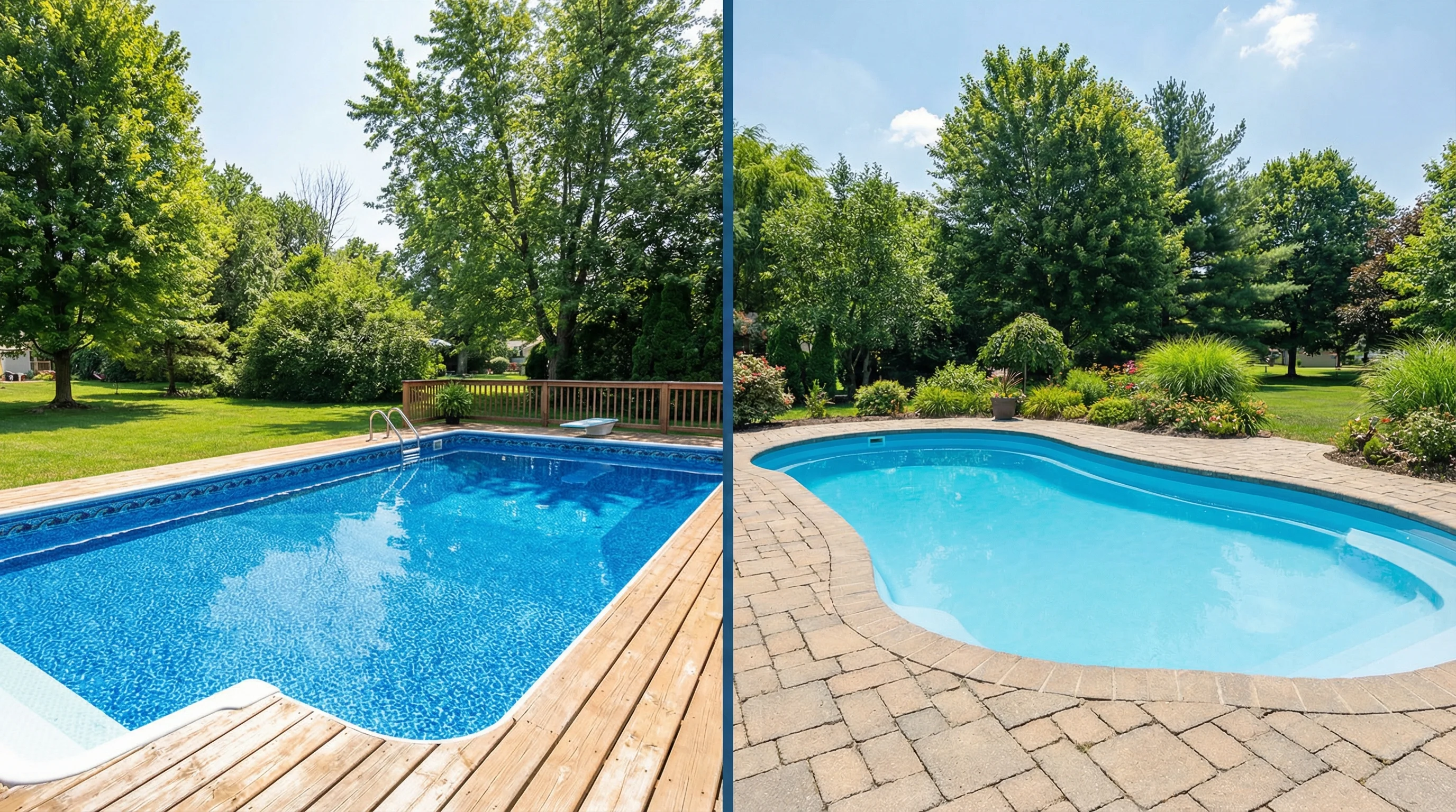 Side-by-side comparison of a vinyl liner pool and fiberglass pool in Ohio backyards
