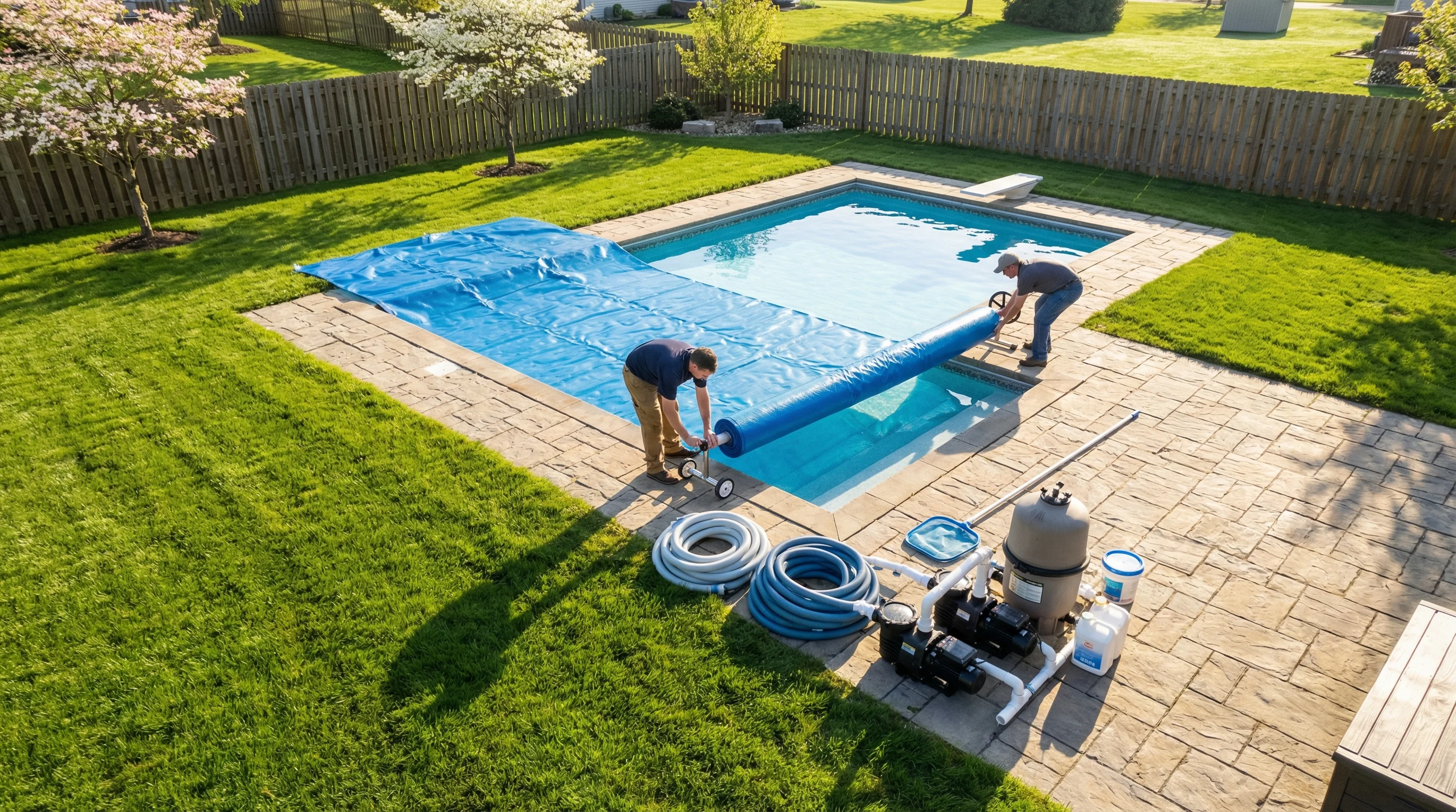 Professional pool cover removal and spring opening service in an Ohio backyard