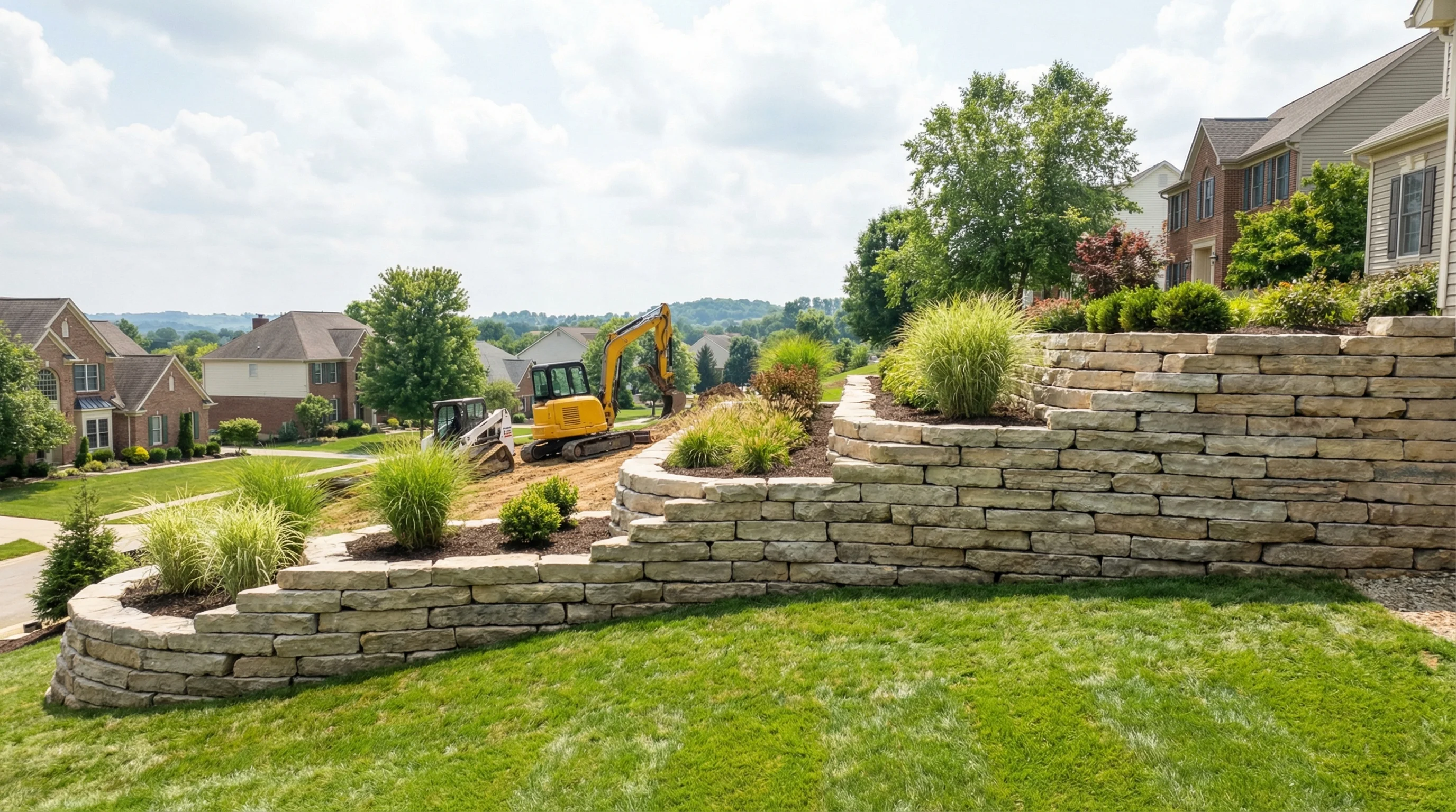 Multi-tier stone retaining wall with landscaping and excavation equipment in Ohio