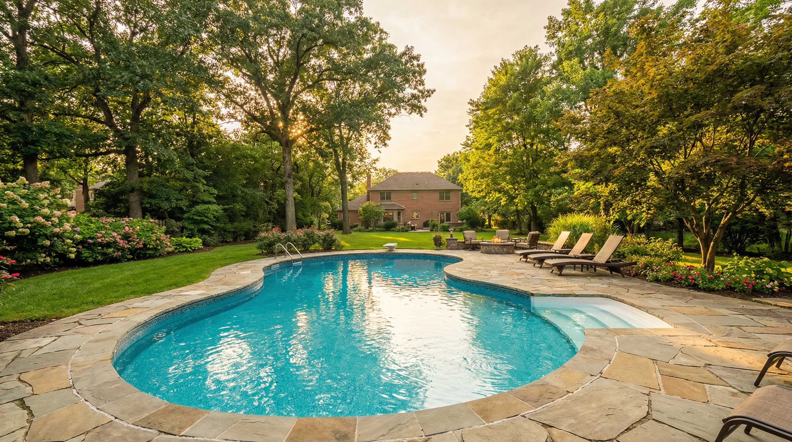 Custom inground vinyl pool with stone patio in a lush Ohio backyard
